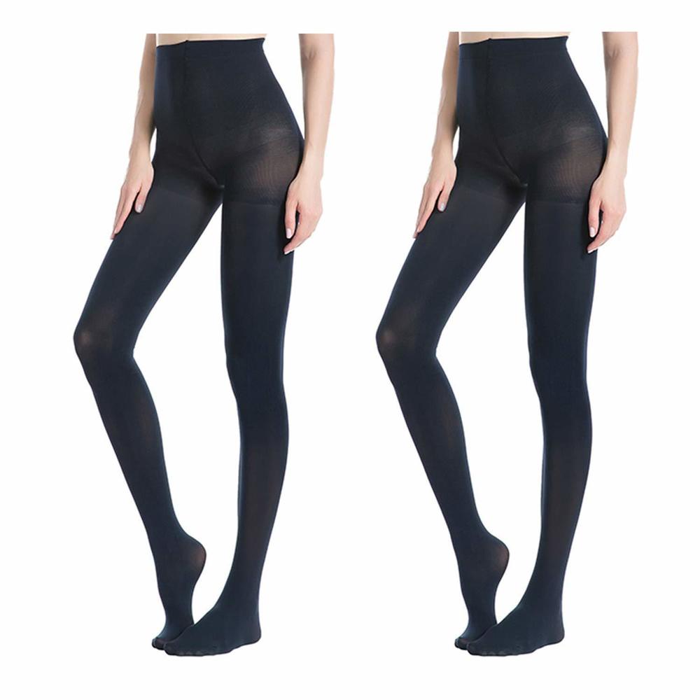 NEW MANZI 2 Pairs Run Resistant Control Top Panty Hose Opaque Tights, Large, Nav